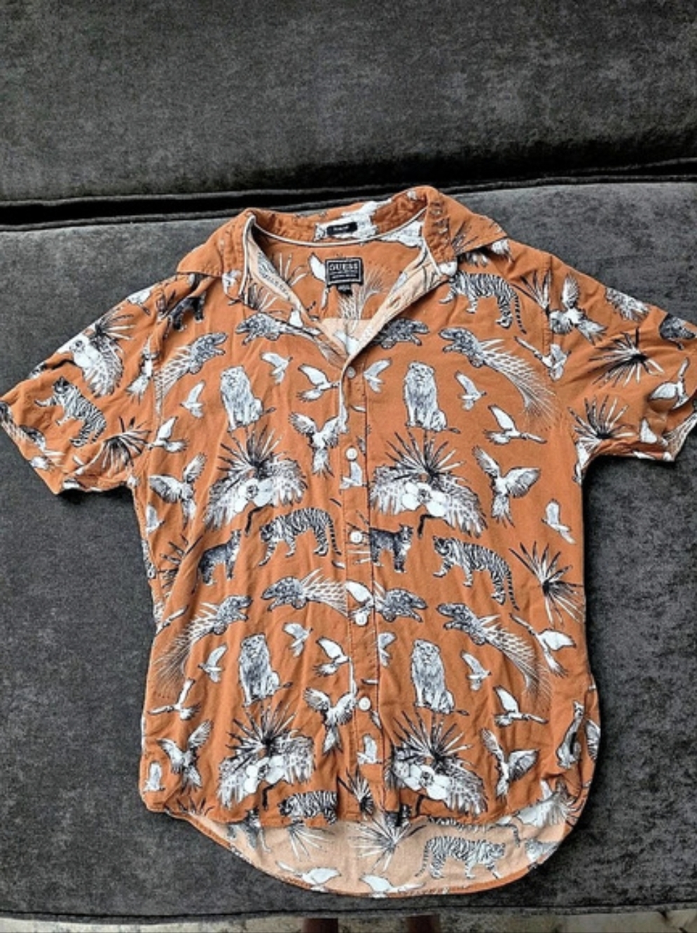Guess Animal Print Button Down in Orange Small